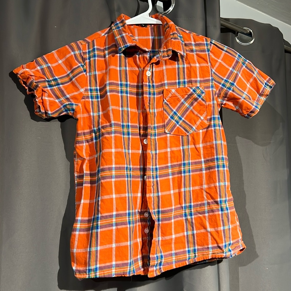 Boys orange and Blue plaid button up collared shirt short sleeve size 8/10 Large